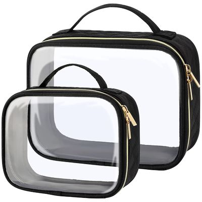 Saco preto cosmético do arti'culo de tocador Standup transparente pequeno feito sob encomenda do espaço livre do Pvc do saco da composição do armazenamento do curso do neopreno