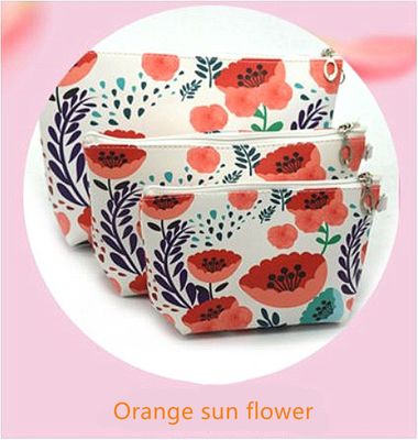 Couro cosmético impermeável do plutônio da grande capacidade do saco do saco cosmético de 3 PCS, banheiro, armazenamento (3 tamanhos) (flor alaranjada do sol)