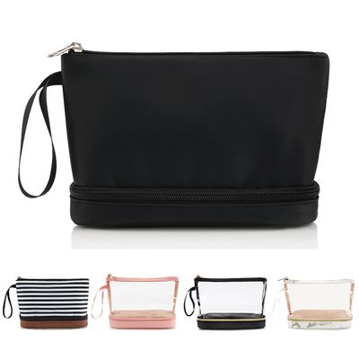 Senhoras cosméticas impermeáveis pretas Carry On Clutch Makeup Bag do malote da camada da forma as duas com escova organizam