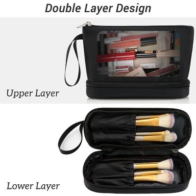 Senhoras cosméticas impermeáveis pretas Carry On Clutch Makeup Bag do malote da camada da forma as duas com escova organizam