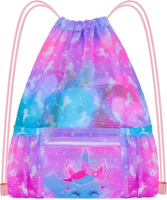 Mesh Drawstring Backpack Bag com o saco da praia do bolso do zíper para o saco nadador do armazenamento do Gym da trouxa da engrenagem para crianças